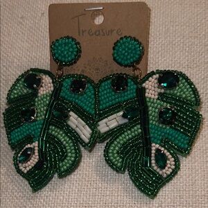 Green Palm Tree Leaves 🍁 SeedBead Statement Earrings